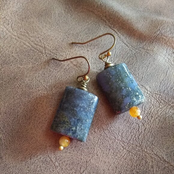 Minimalist! Night Sky + Stars! Deep Blue Speckled Jasper Earrings - Picture 3 of 7